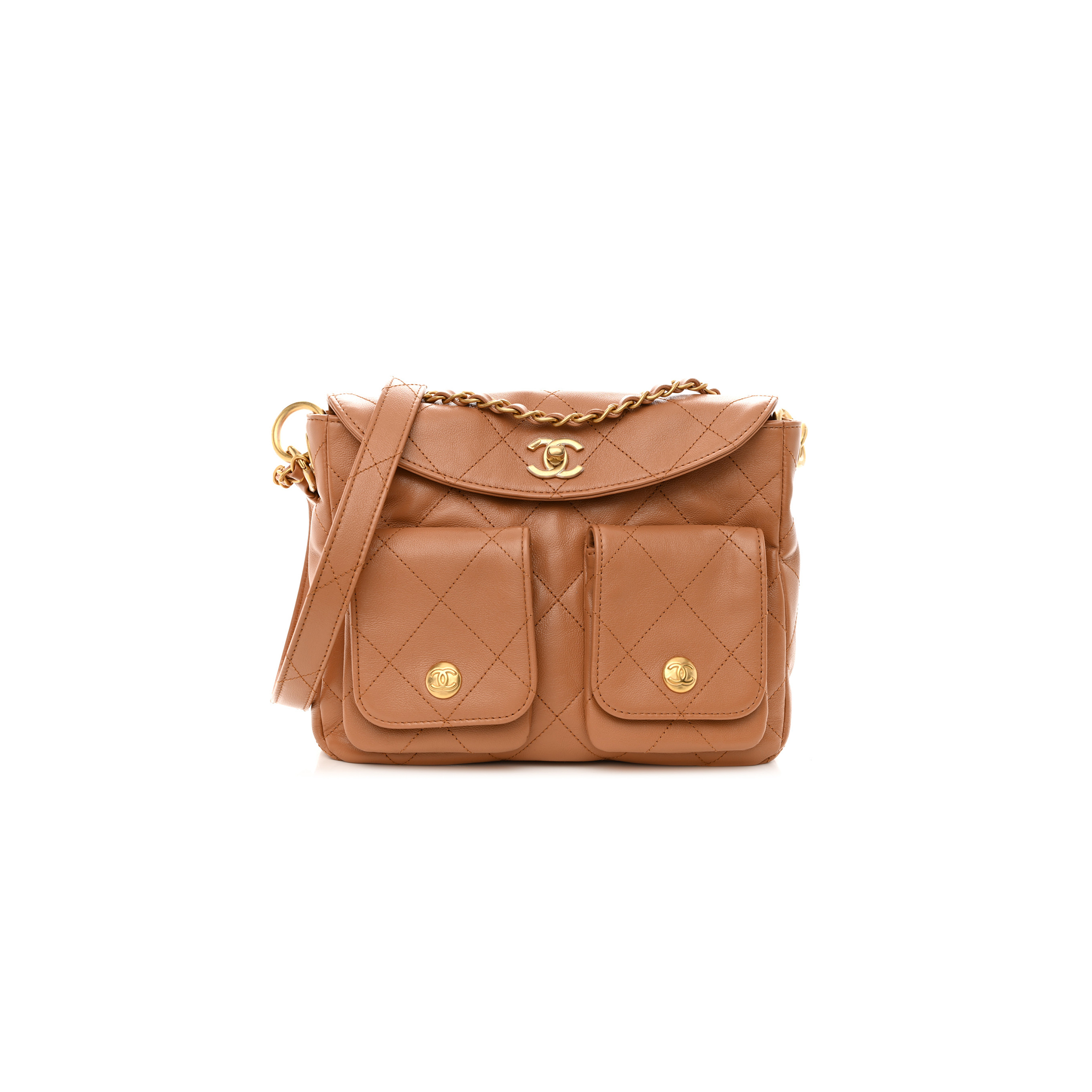 ch*el shiny calfskin quilted S*pple twins smal hobo bag brown (24.5*19*5cm)